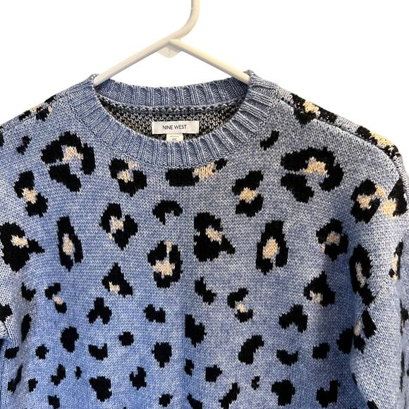 Nine West Petite Size PS Leopard Crop Pullover Sweater Blue Knit Cozy NWOT - Picture 3 of 12